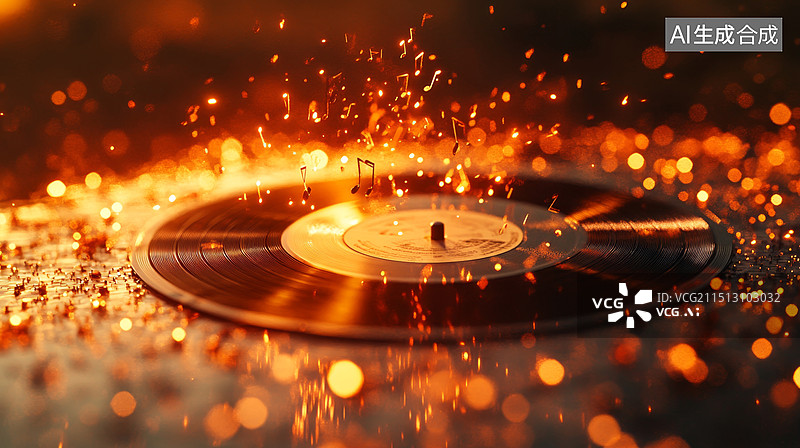 【AI数字艺术】高速旋转的黑胶唱片摩擦出音乐火花图片素材