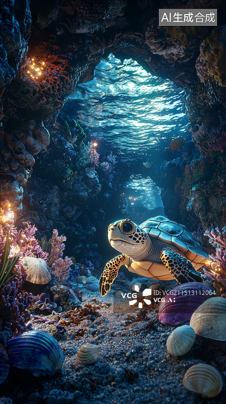 【AI数字艺术】海龟与水下洞穴的奇妙探险图片素材