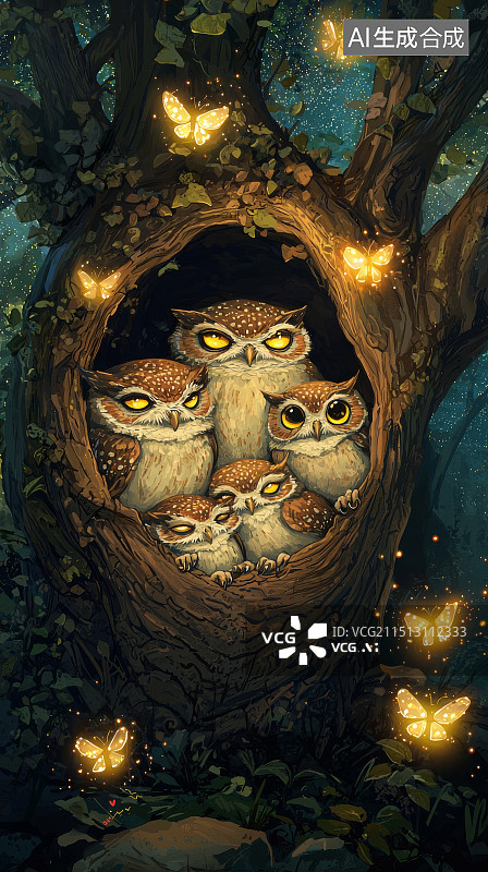【AI数字艺术】夜晚树洞中的猫头鹰一家图片素材