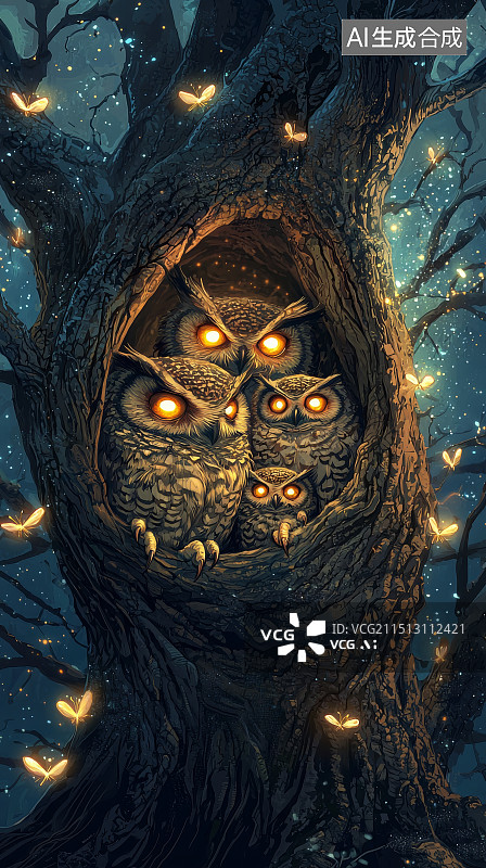 【AI数字艺术】夜晚树洞中的猫头鹰一家图片素材