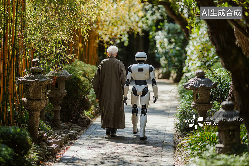 【AI数字艺术】机器人与老人共度安静的庭院时光图片素材