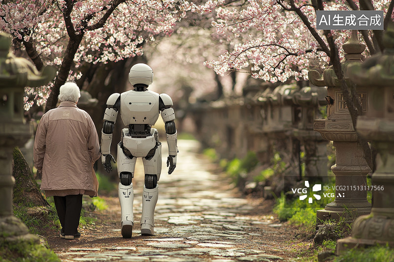【AI数字艺术】机器人陪伴老人漫步樱花树下的花园图片素材