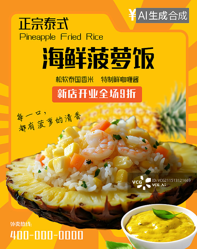 【AI数字艺术】3D泰式菠萝饭餐饮电商banner-手机端图片素材
