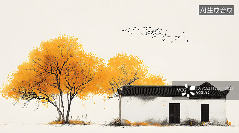 【AI数字艺术】中国风秋天水墨古镇插画图片素材
