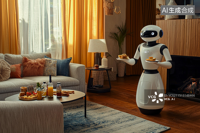 【AI数字艺术】机器人在客厅中托盘递送食物图片素材