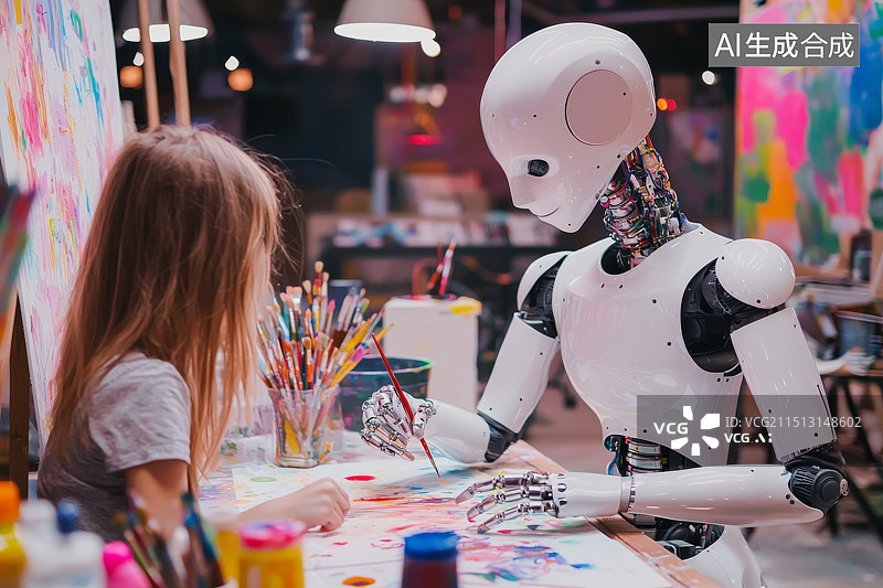 【AI数字艺术】机器人与小孩在课堂互动图片素材