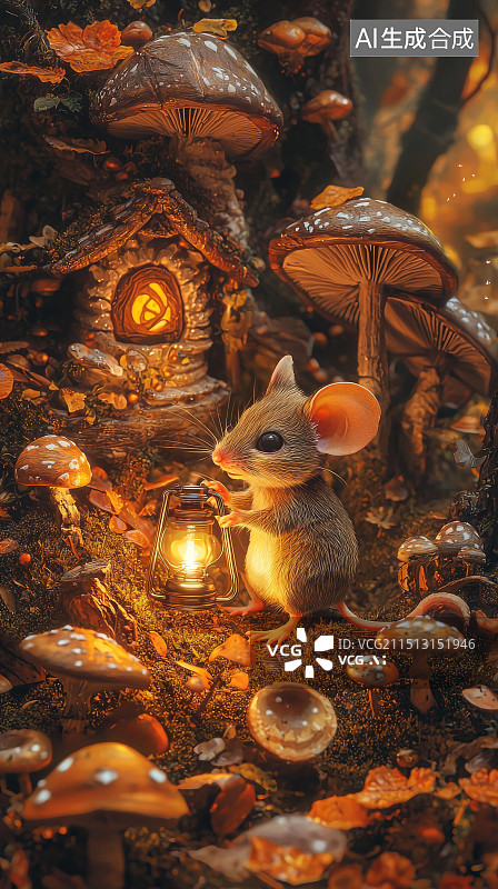 【AI数字艺术】森林中的小老鼠与灯笼图片素材