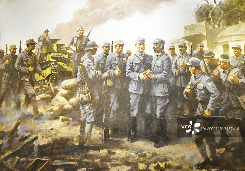 山东枣庄台儿庄大战纪念馆展出的油画作品《摒弃前嫌 团结抗战》图片素材