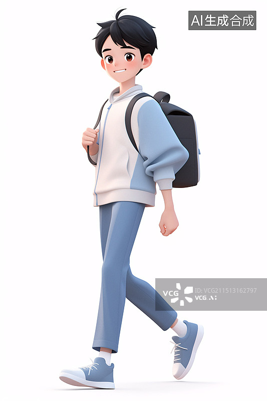 【AI数字艺术】3D开学季背着书包的高中生图片素材