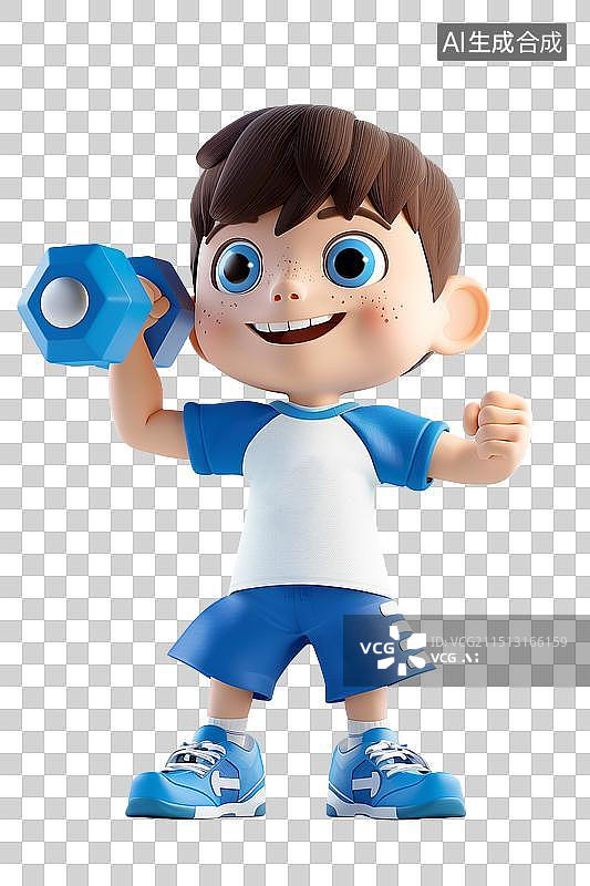 【AI数字艺术】3D渲染的卡通手里拿着哑铃蓝色运动装小男孩图片素材