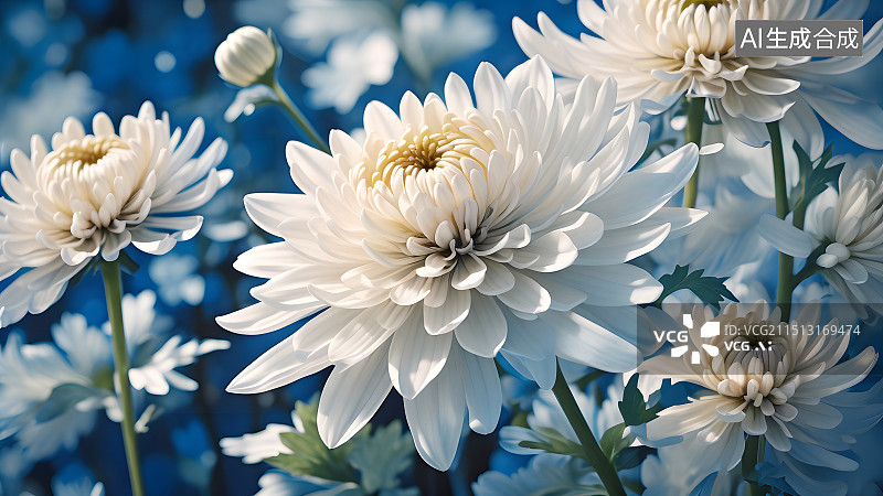 【AI数字艺术】蓝色背景下的雏菊，盛开的白菊花图片素材
