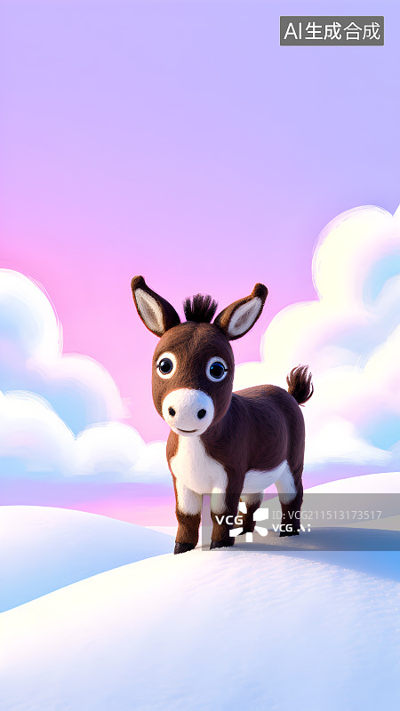 【AI数字艺术】3D渲染卡通动物，毛毡质感的小毛驴，驴，毛绒绒，萌系，治愈系壁纸图片素材