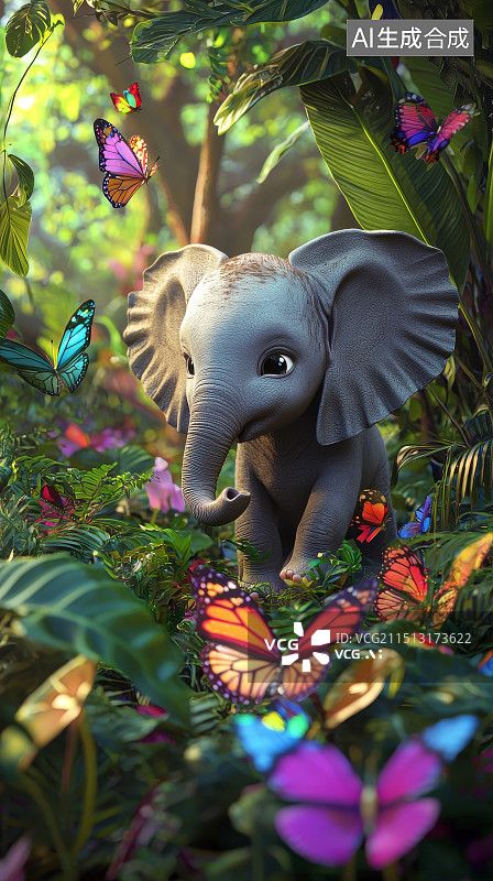 【AI数字艺术】蝴蝶丛中的小象图片素材