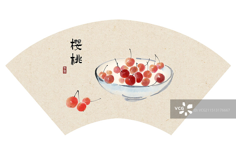 一筐樱桃水果-国画写意古风水墨设计模板海报图片素材