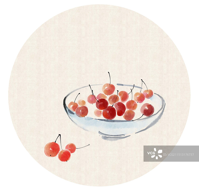 一筐水果樱桃-国画写意古风水墨插画图片素材