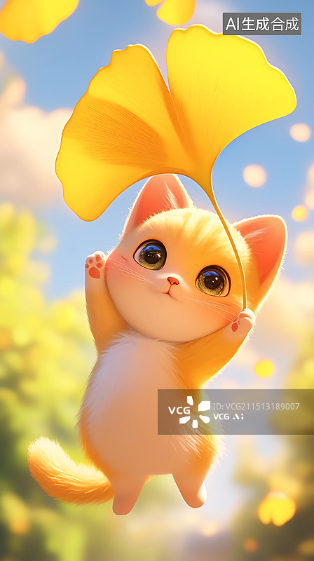【AI数字艺术】3D可爱橘猫抓着巨大银杏叶漂浮竖幅壁纸图片素材