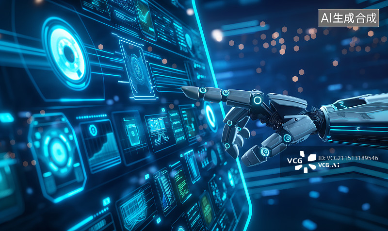 【AI数字艺术】科技感背景 机器人手指着未来科技数据图片素材