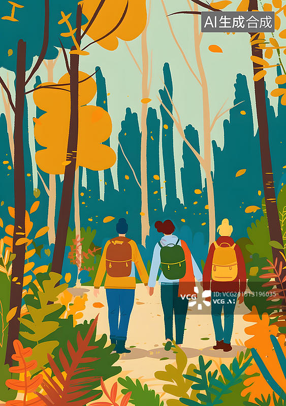 【AI数字艺术】三个人走在秋天的森林里图片素材