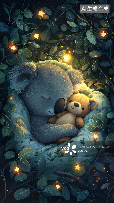【AI数字艺术】夜晚树上的睡眠树袋熊图片素材