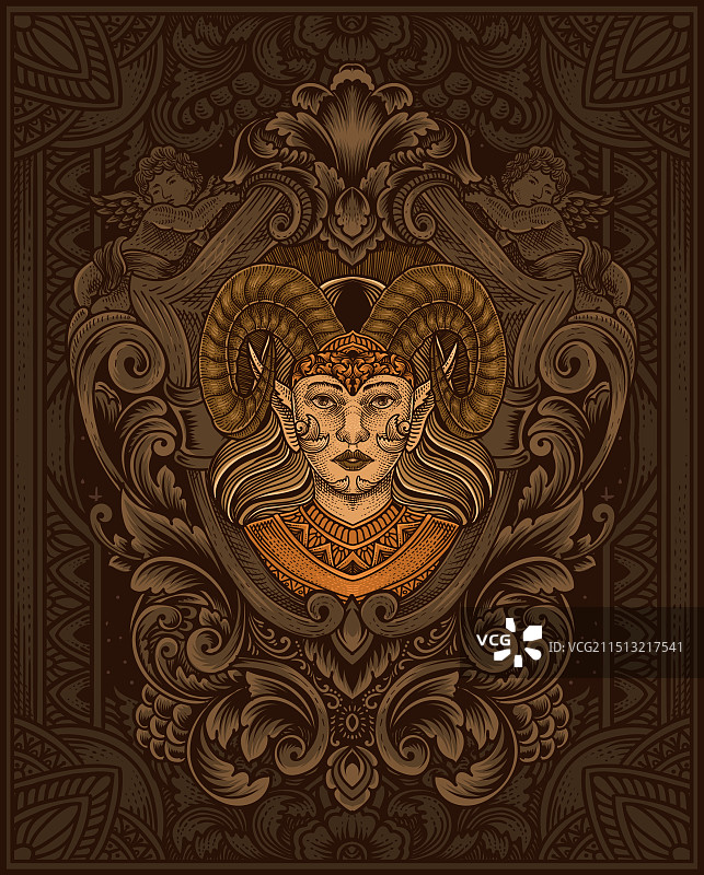 复古雕刻风格的漂亮恶魔女孩图片素材