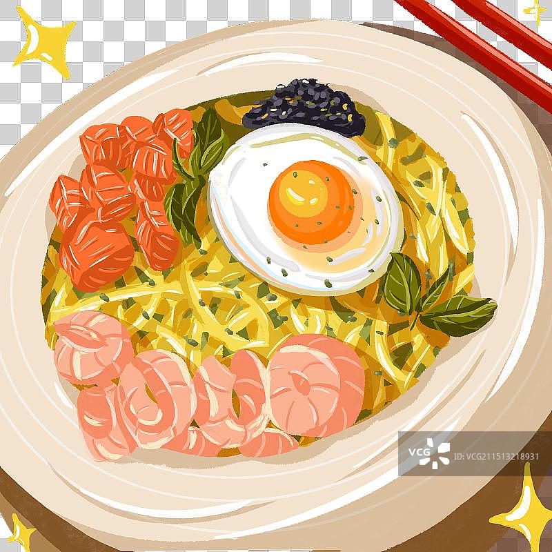 虾仁三文鱼太阳蛋黑松露酱牛油果螺旋意面图片素材
