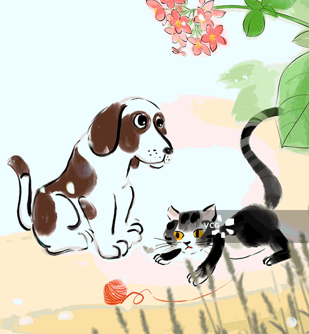 秋天可爱小猫玩毛线团可爱动物水墨动画插图图片素材