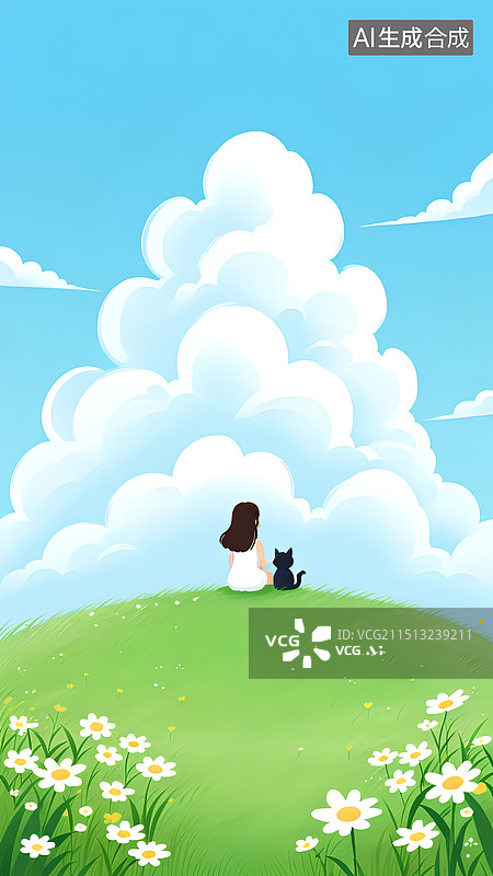 【AI数字艺术】治愈插画风格，天空朵朵白云，草地上小女孩和小猫咪背影。图片素材