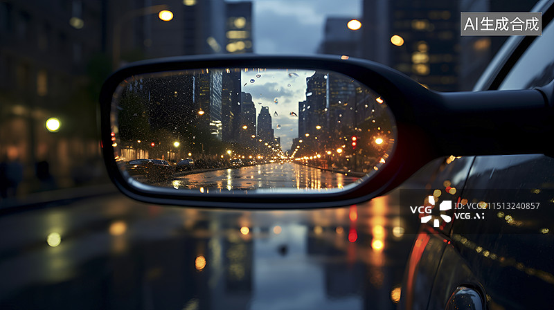 【AI数字艺术】下雨天汽车后视镜里的城市夜景图片素材