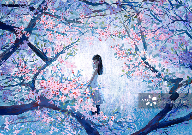 少女在樱花树下回眸插画图片素材