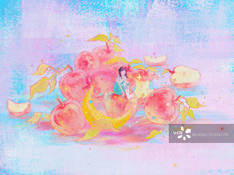 少女苹果插画意境唯美背景图片素材