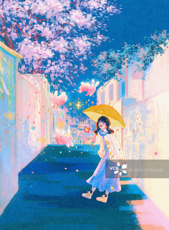 少女举伞在街道快乐散步图片素材