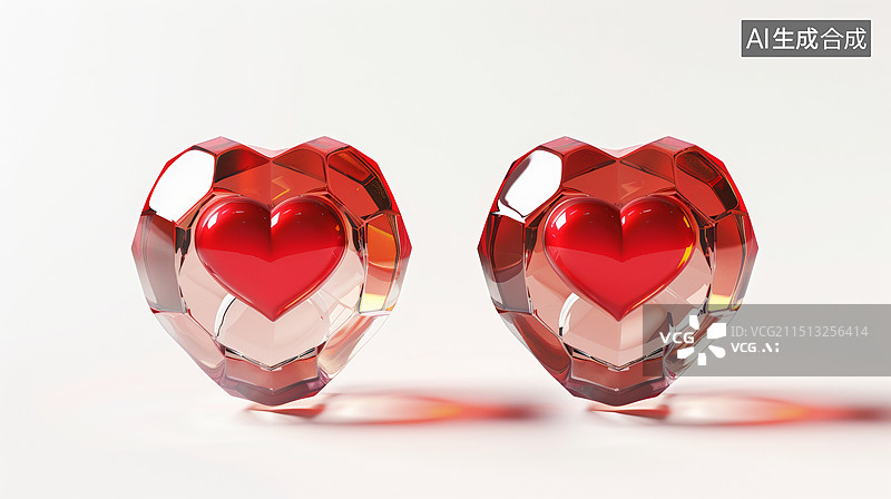 【AI数字艺术】3D渲染两颗心高级感玻璃红心爱情生命健康亲密关系概念膨胀风极简背景插图图片素材