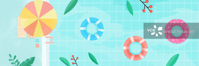 夏日游泳池冰爽一夏游泳圈手绘插画图片素材