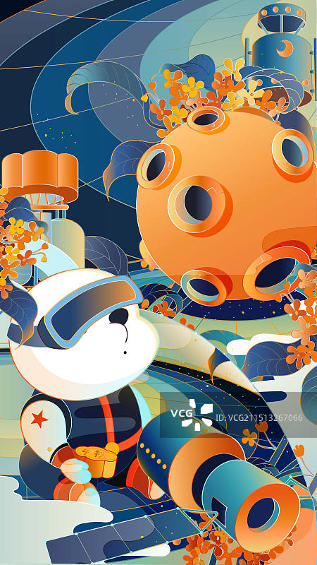 中秋节新中式宇宙中的月球和兔子插画海报图片素材