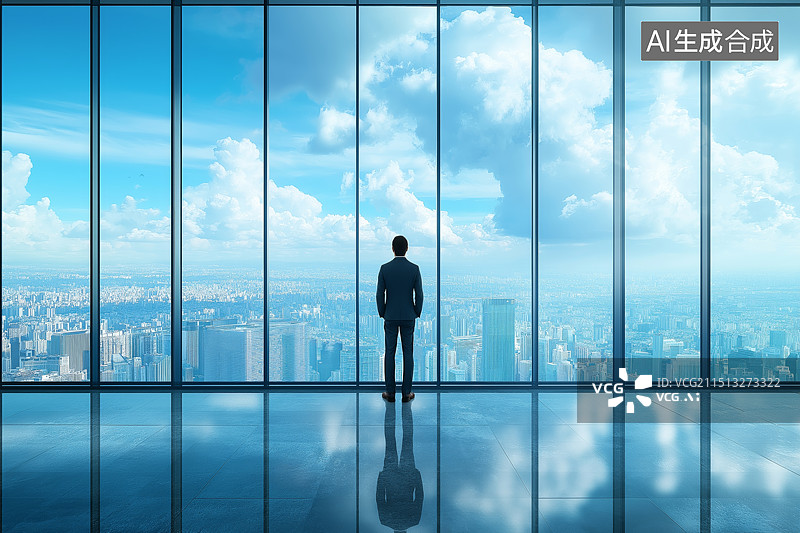 【AI数字艺术】一个商务男士站在高层写字楼落地窗前看窗外城市天际线图片素材