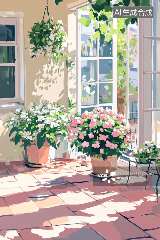 【AI数字艺术】秋日阳光明媚的午后城市街道花朵图片素材