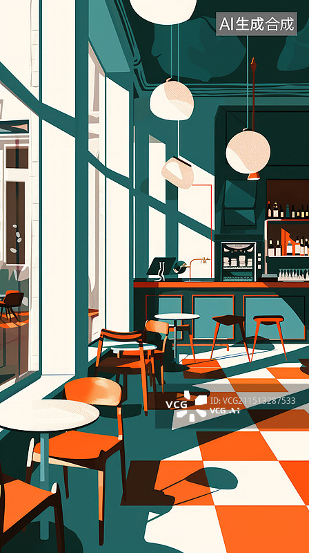 【AI数字艺术】室内的咖啡厅插画图片素材