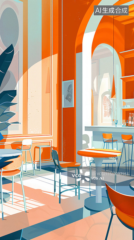 【AI数字艺术】室内的咖啡厅插画图片素材