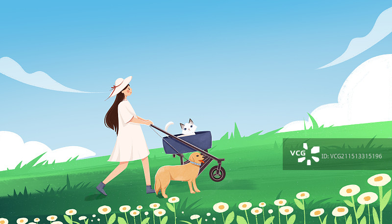一个女孩和她的宠物猫宠物狗在公园的草坪上散步图片素材