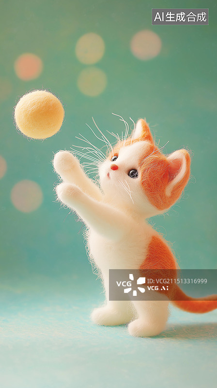 【AI数字艺术】羊毛毡风格宠物壁纸——可爱的小猫咪在玩毛球图片素材
