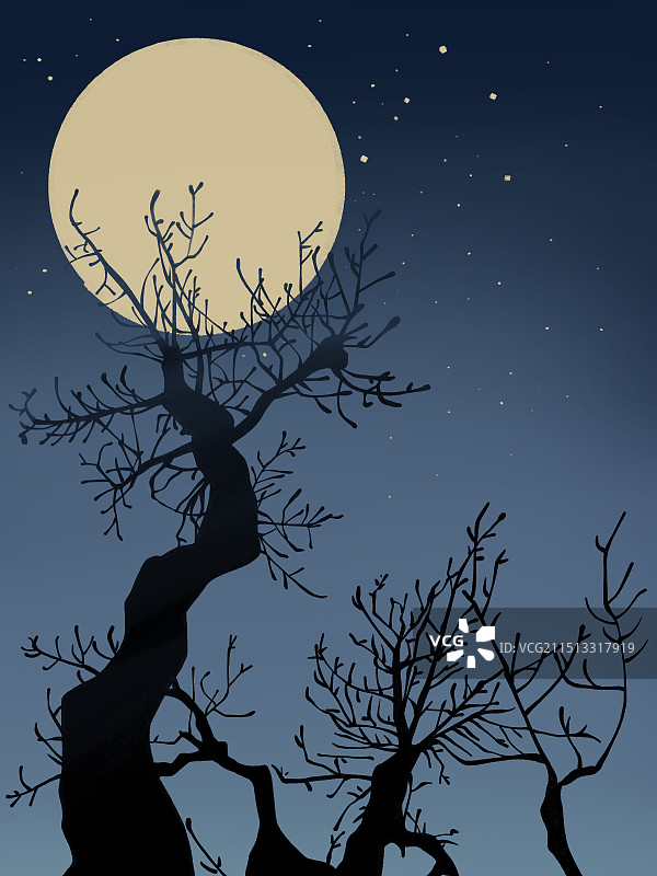 宁静的夜晚月亮和树的剪影图片素材