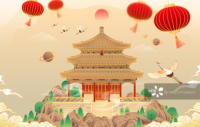 北京中轴线景山万春亭古建筑插画图片素材