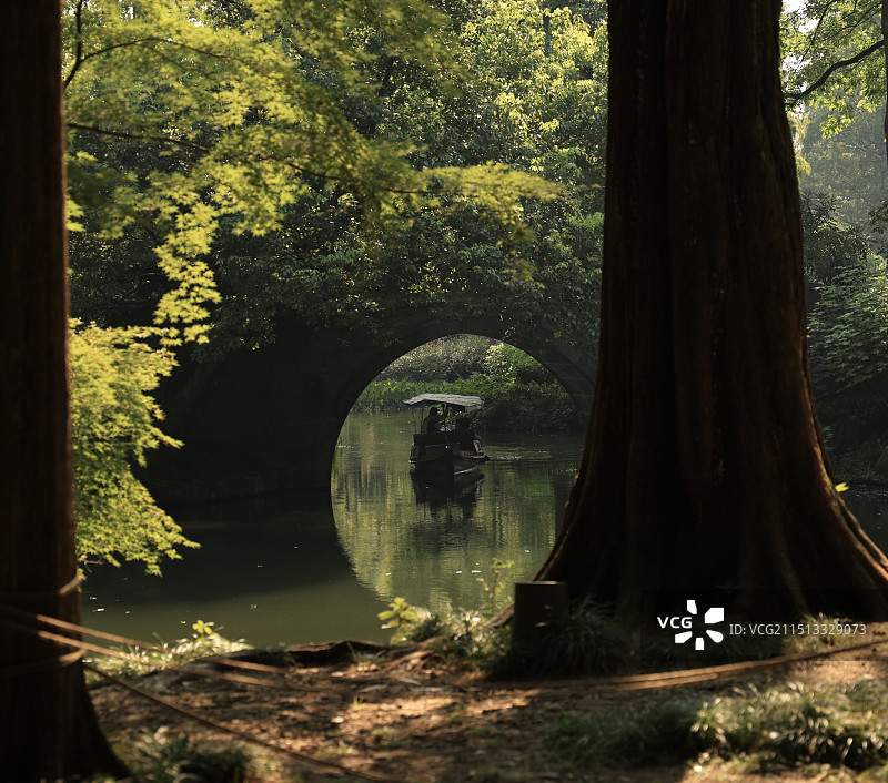 杭州曲院风荷，石桥，小船，树木图片素材