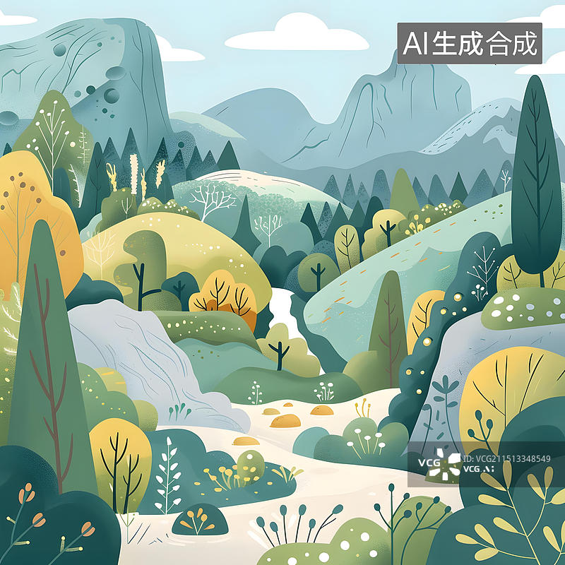 【AI数字艺术】绿色山脉森林自然景观插画图片素材