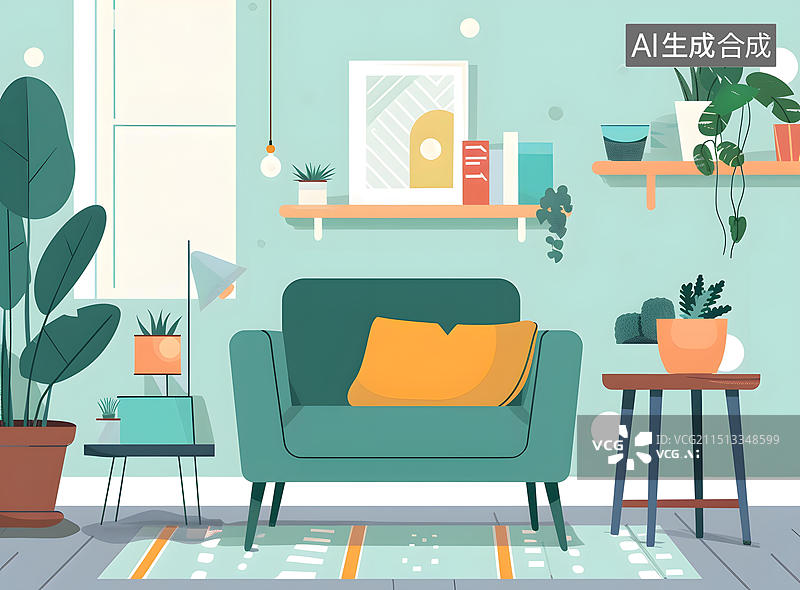 【AI数字艺术】绿色沙发和植物的现代客厅室内设计图片素材