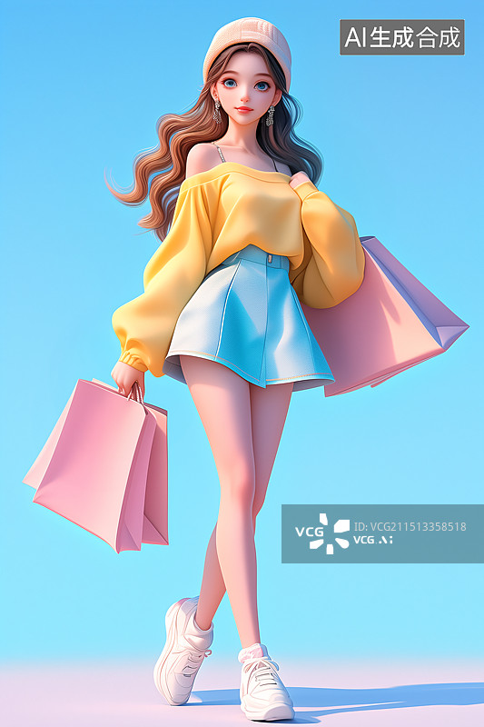 【AI数字艺术】3D多巴胺色时尚穿搭女子在逛街图片素材