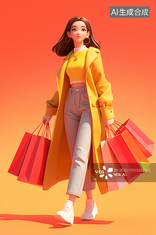 【AI数字艺术】3D多巴胺色时尚穿搭女子在逛街图片素材