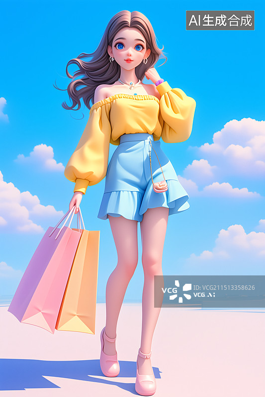 【AI数字艺术】3D多巴胺色时尚穿搭女子在逛街图片素材