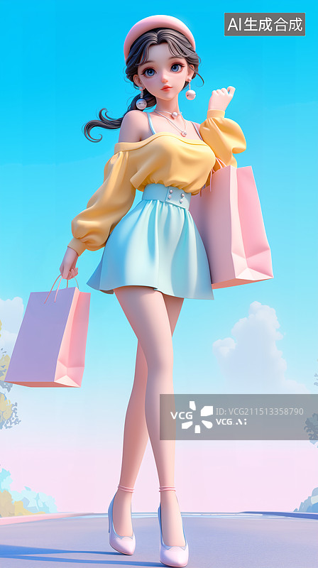 【AI数字艺术】3D多巴胺色时尚穿搭女子在逛街图片素材