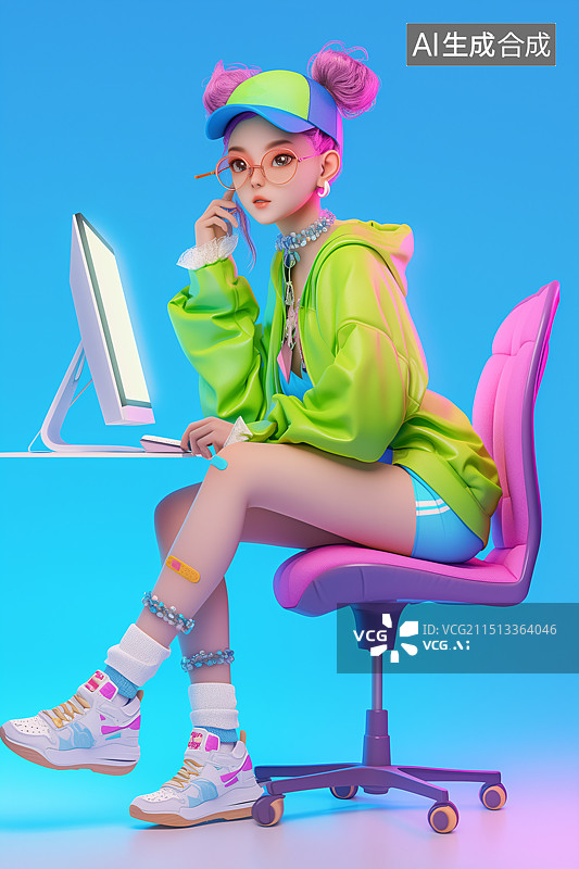 【AI数字艺术】3D多巴胺色电脑前的时尚青年图片素材